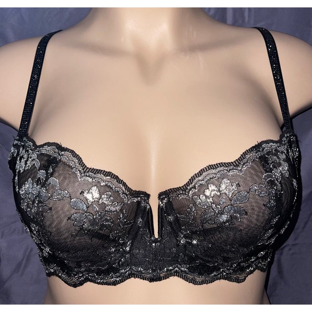 34C BLACK & SILVER LACE VICTORIA'S SECRET DREAM ANGELS BALCONETTE BRA